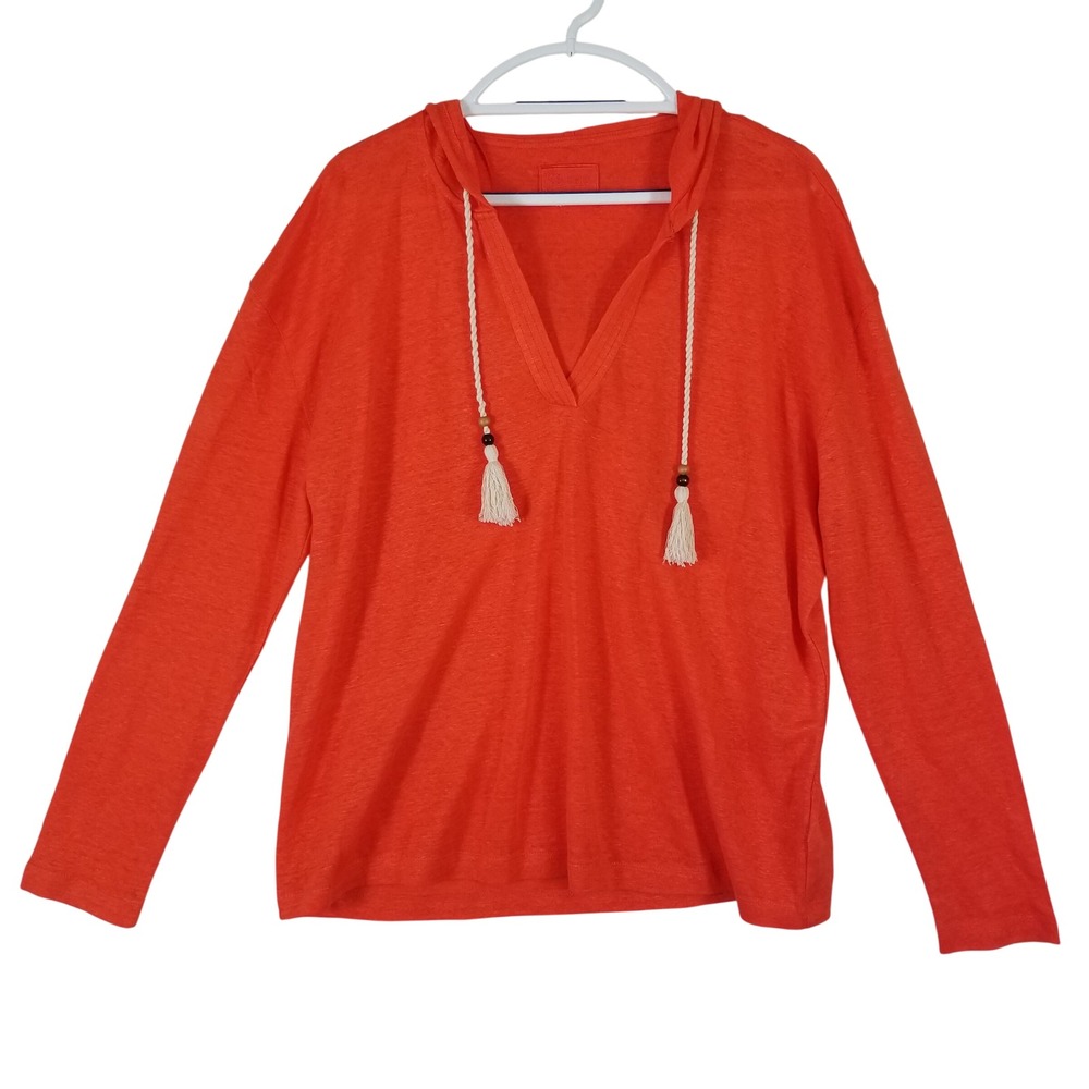 Sigrid Olsen‎ Womens Orange 100% Linen V-Neck Hoodie Tassel Drawstring Top L
